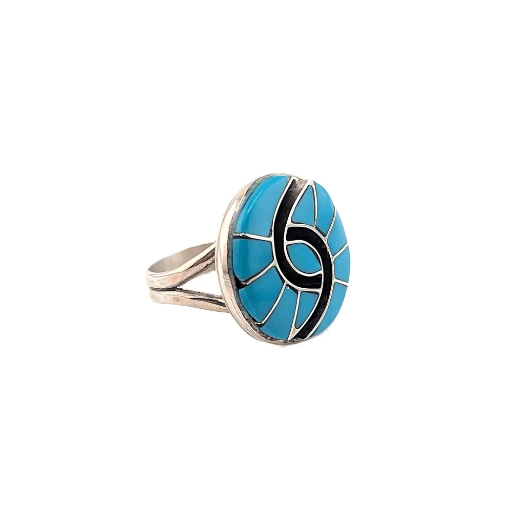 Zuni Hummingbird Ring Kingman RoundTurquoise Native American Jewelry Sz 7.75US**